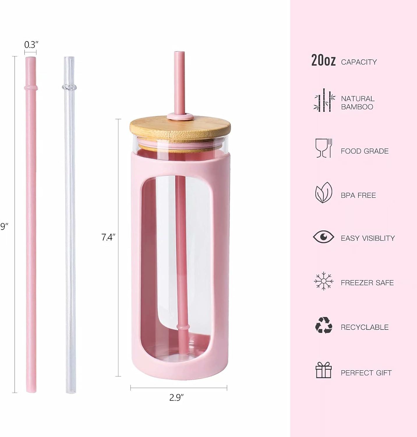 20oz Glass Tumbler with Straw and Lid, Iced Coffee Cups with Bamboo Lids, Glass Cups for Cold Drinks, Smoothie Cup with Silicone Sleeve for Travel, Work, BPA FREE-Olive - Colors B