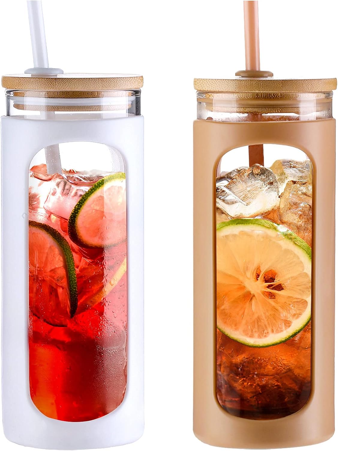 20oz Glass Tumbler with Straw and Lid, Iced Coffee Cups with Bamboo Lids, Glass Cups for Cold Drinks, Smoothie Cup with Silicone Sleeve for Travel, Work, BPA FREE-Olive - Colors B