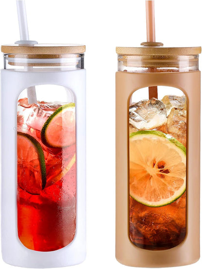 20oz Glass Tumbler with Straw and Lid, Iced Coffee Cups with Bamboo Lids, Glass Cups for Cold Drinks, Smoothie Cup with Silicone Sleeve for Travel, Work, BPA FREE-Olive - Colors B