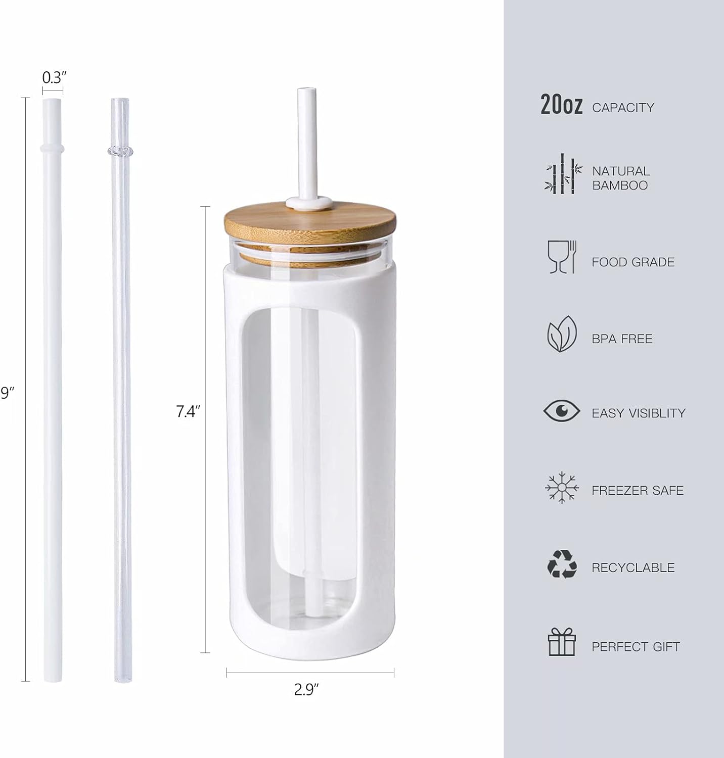 20oz Glass Tumbler with Straw and Lid, Iced Coffee Cups with Bamboo Lids, Glass Cups for Cold Drinks, Smoothie Cup with Silicone Sleeve for Travel, Work, BPA FREE-Olive - Colors B