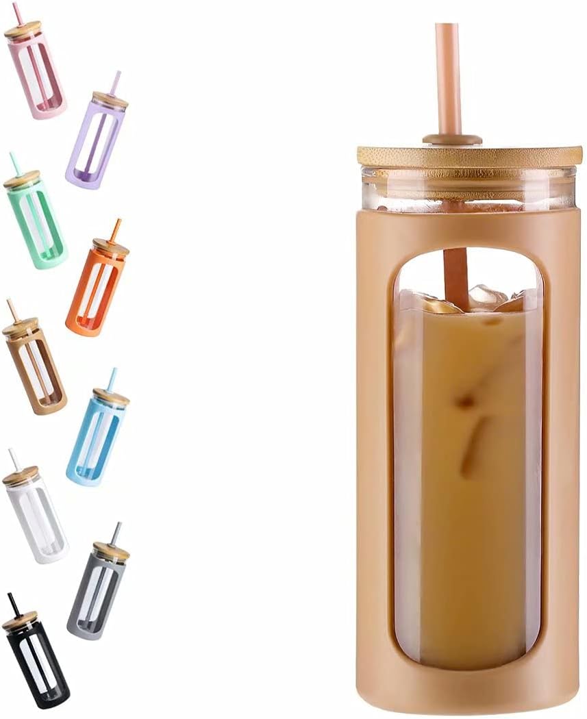 20oz Glass Tumbler with Straw and Lid, Iced Coffee Cups with Bamboo Lids, Glass Cups for Cold Drinks, Smoothie Cup with Silicone Sleeve for Travel, Work, BPA FREE-Olive - Colors B