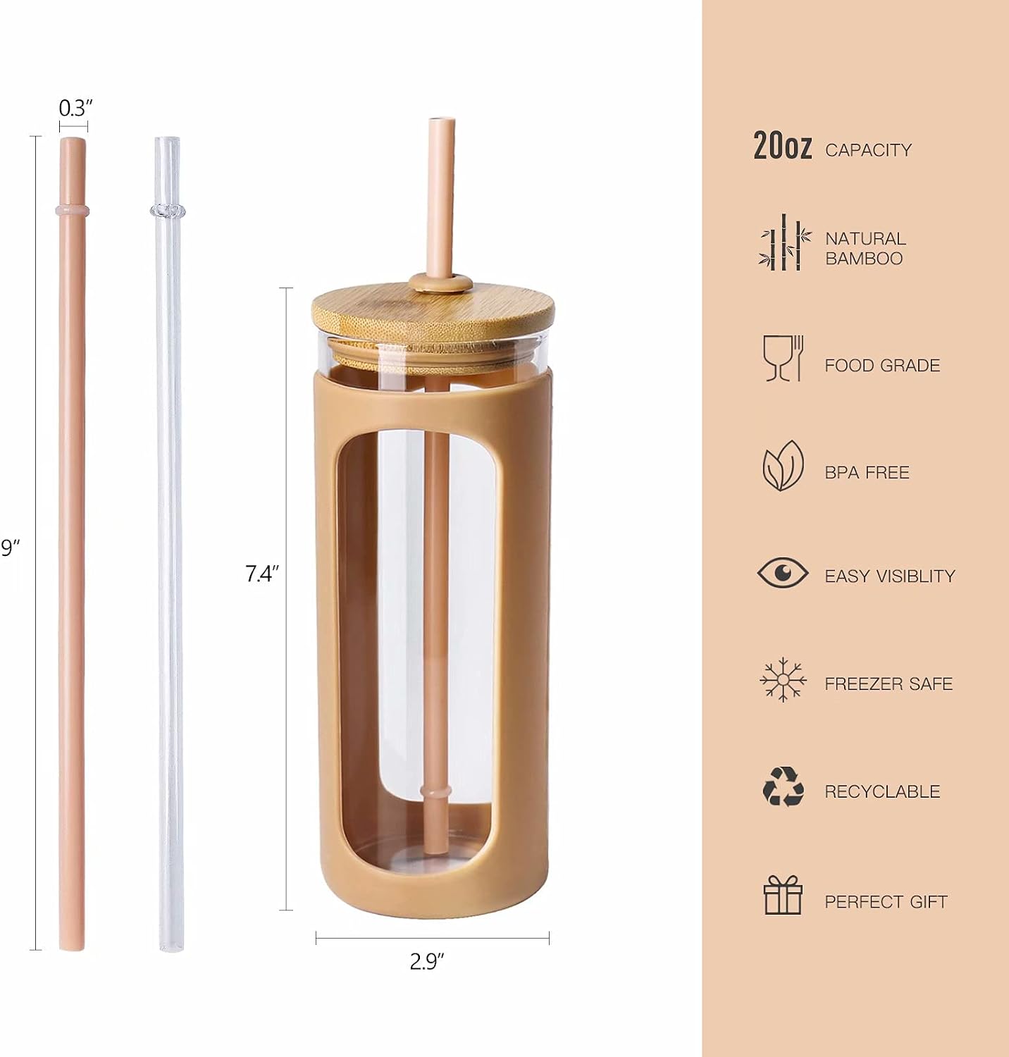 20oz Glass Tumbler with Straw and Lid, Iced Coffee Cups with Bamboo Lids, Glass Cups for Cold Drinks, Smoothie Cup with Silicone Sleeve for Travel, Work, BPA FREE-Olive - Colors B