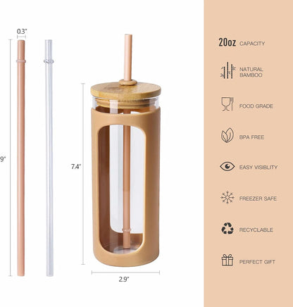 20oz Glass Tumbler with Straw and Lid, Iced Coffee Cups with Bamboo Lids, Glass Cups for Cold Drinks, Smoothie Cup with Silicone Sleeve for Travel, Work, BPA FREE-Olive - Colors B