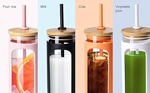 20oz Glass Tumbler with Straw and Lid, Iced Coffee Cups with Bamboo Lids, Glass Cups for Cold Drinks, Smoothie Cup with Silicone Sleeve for Travel, Work, BPA FREE-Olive - Colors B