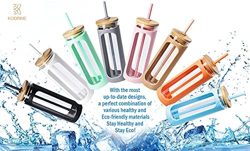 20oz Glass Tumbler with Straw and Lid, Iced Coffee Cups with Bamboo Lids, Glass Cups for Cold Drinks, Smoothie Cup with Silicone Sleeve for Travel, Work, BPA FREE-Olive - Colors B