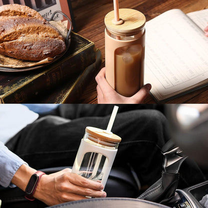20oz Glass Tumbler with Straw and Lid, Iced Coffee Cups with Bamboo Lids, Glass Cups for Cold Drinks, Smoothie Cup with Silicone Sleeve for Travel, Work, BPA FREE-Olive - Colors B