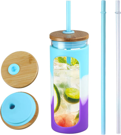 20oz Glass Tumbler with Straw and Lid, Iced Coffee Cups with Bamboo Lids, Glass Cups for Cold Drinks, Smoothie Cup with Silicone Sleeve for Travel, Work, BPA FREE-Olive - Colors B