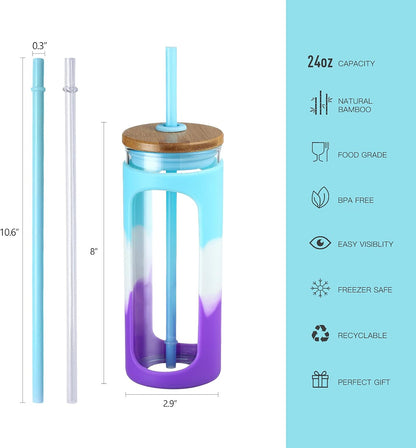 20oz Glass Tumbler with Straw and Lid, Iced Coffee Cups with Bamboo Lids, Glass Cups for Cold Drinks, Smoothie Cup with Silicone Sleeve for Travel, Work, BPA FREE-Olive - Colors B