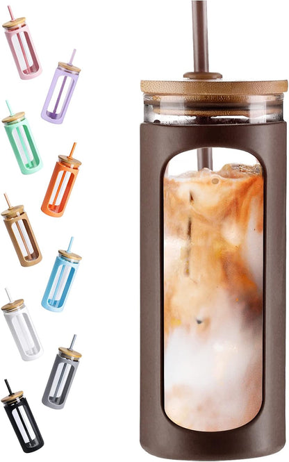 20oz Glass Tumbler with Straw and Lid, Iced Coffee Cups with Bamboo Lids, Glass Cups for Cold Drinks, Smoothie Cup with Silicone Sleeve for Travel, Work, BPA FREE-Olive - Colors B
