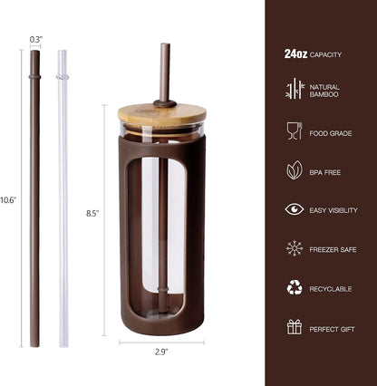 20oz Glass Tumbler with Straw and Lid, Iced Coffee Cups with Bamboo Lids, Glass Cups for Cold Drinks, Smoothie Cup with Silicone Sleeve for Travel, Work, BPA FREE-Olive - Colors B