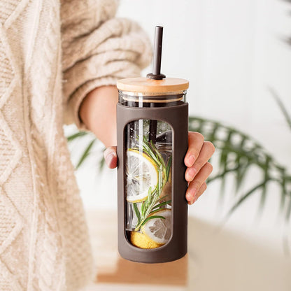 20oz Glass Tumbler with Straw and Lid, Iced Coffee Cups with Bamboo Lids, Glass Cups for Cold Drinks, Smoothie Cup with Silicone Sleeve for Travel, Work, BPA FREE-Olive - Colors B