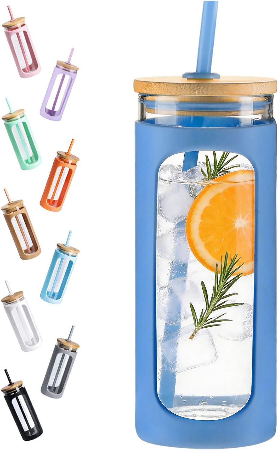 20oz Glass Tumbler with Straw and Lid, Iced Coffee Cups with Bamboo Lids, Glass Cups for Cold Drinks, Smoothie Cup with Silicone Sleeve for Travel, Work, BPA FREE-Olive - Colors B