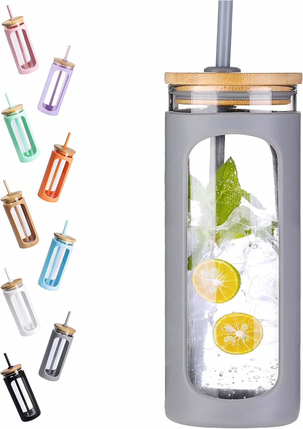 20oz Glass Tumbler with Straw and Lid, Iced Coffee Cups with Bamboo Lids, Glass Cups for Cold Drinks, Smoothie Cup with Silicone Sleeve for Travel, Work, BPA FREE-Olive - Colors B