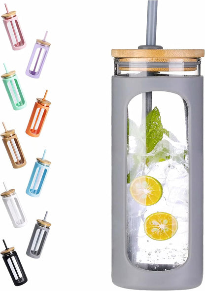 20oz Glass Tumbler with Straw and Lid, Iced Coffee Cups with Bamboo Lids, Glass Cups for Cold Drinks, Smoothie Cup with Silicone Sleeve for Travel, Work, BPA FREE-Olive - Colors B