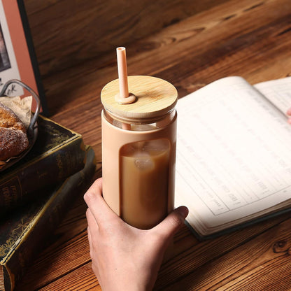 20oz Glass Tumbler with Straw and Lid, Iced Coffee Cups with Bamboo Lids, Glass Cups for Cold Drinks, Smoothie Cup with Silicone Sleeve for Travel, Work, BPA FREE-Olive - Colors B