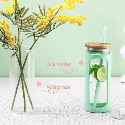 20oz Glass Tumbler with Straw and Lid, Iced Coffee Cups with Bamboo Lids, Glass Cups for Cold Drinks, Smoothie Cup with Silicone Sleeve for Travel, Work, BPA FREE-Olive - Colors B