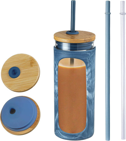 20oz Glass Tumbler with Straw and Lid, Iced Coffee Cups with Bamboo Lids, Glass Cups for Cold Drinks, Smoothie Cup with Silicone Sleeve for Travel, Work, BPA FREE-Olive - Colors B