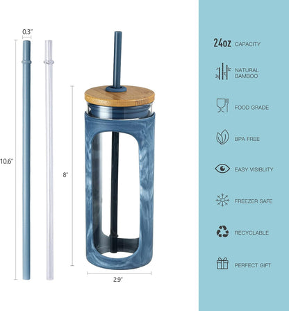 20oz Glass Tumbler with Straw and Lid, Iced Coffee Cups with Bamboo Lids, Glass Cups for Cold Drinks, Smoothie Cup with Silicone Sleeve for Travel, Work, BPA FREE-Olive - Colors B