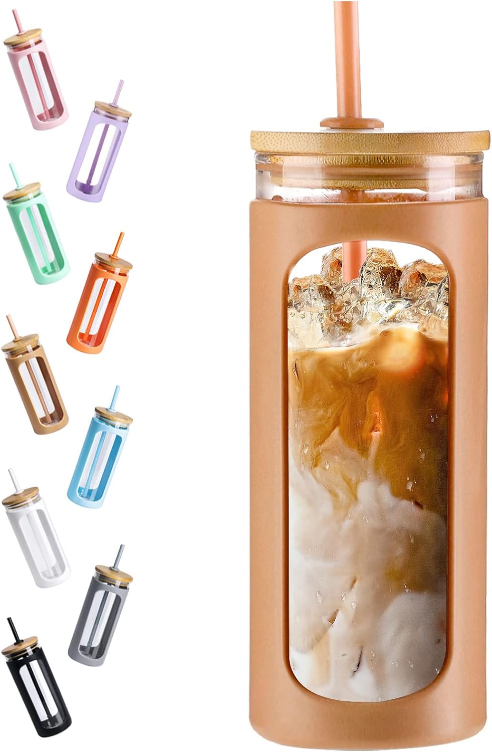20oz Glass Tumbler with Straw and Lid, Iced Coffee Cups with Bamboo Lids, Glass Cups for Cold Drinks, Smoothie Cup with Silicone Sleeve for Travel, Work, BPA FREE-Olive - Colors B