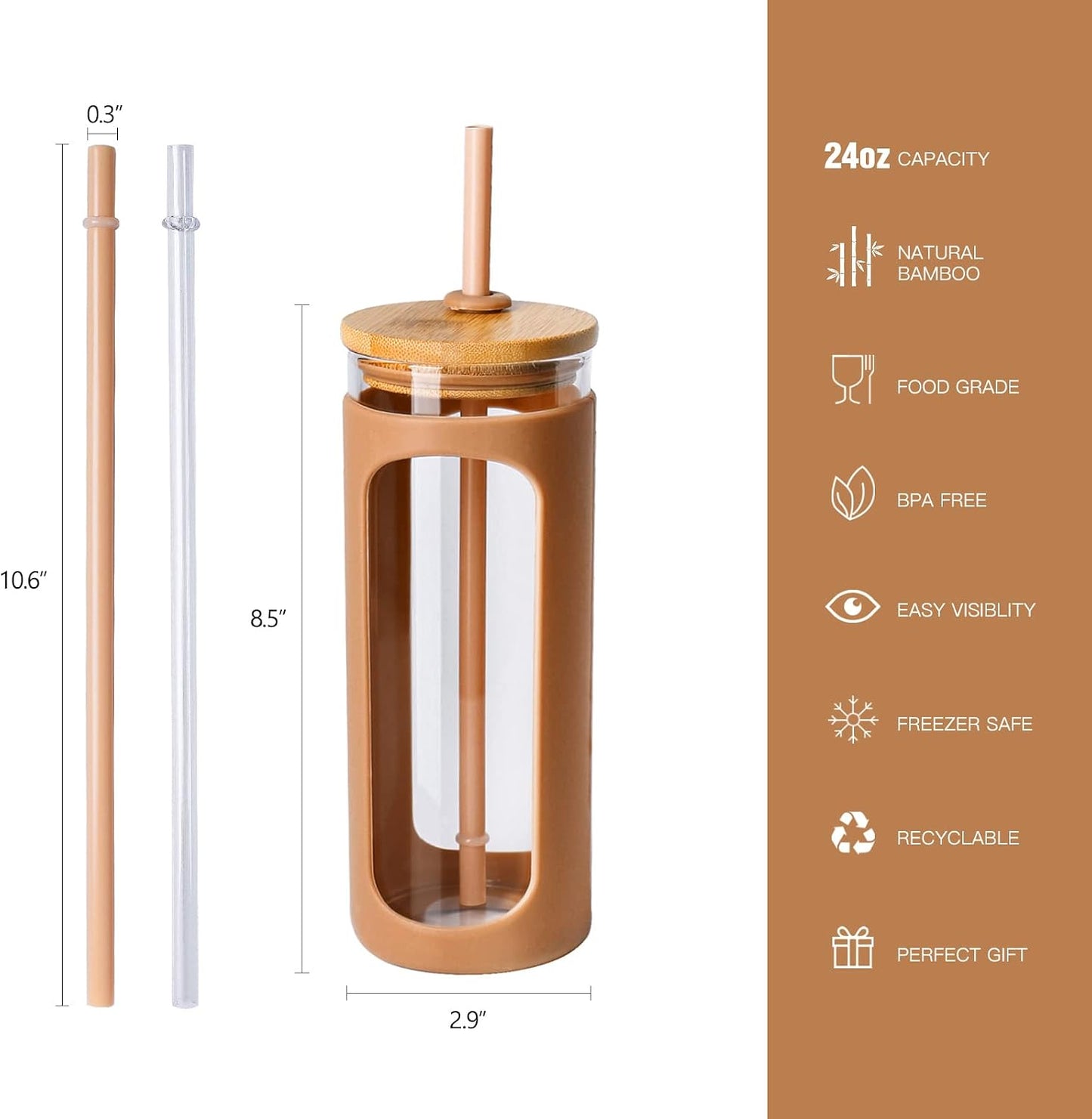 20oz Glass Tumbler with Straw and Lid, Iced Coffee Cups with Bamboo Lids, Glass Cups for Cold Drinks, Smoothie Cup with Silicone Sleeve for Travel, Work, BPA FREE-Olive - Colors B
