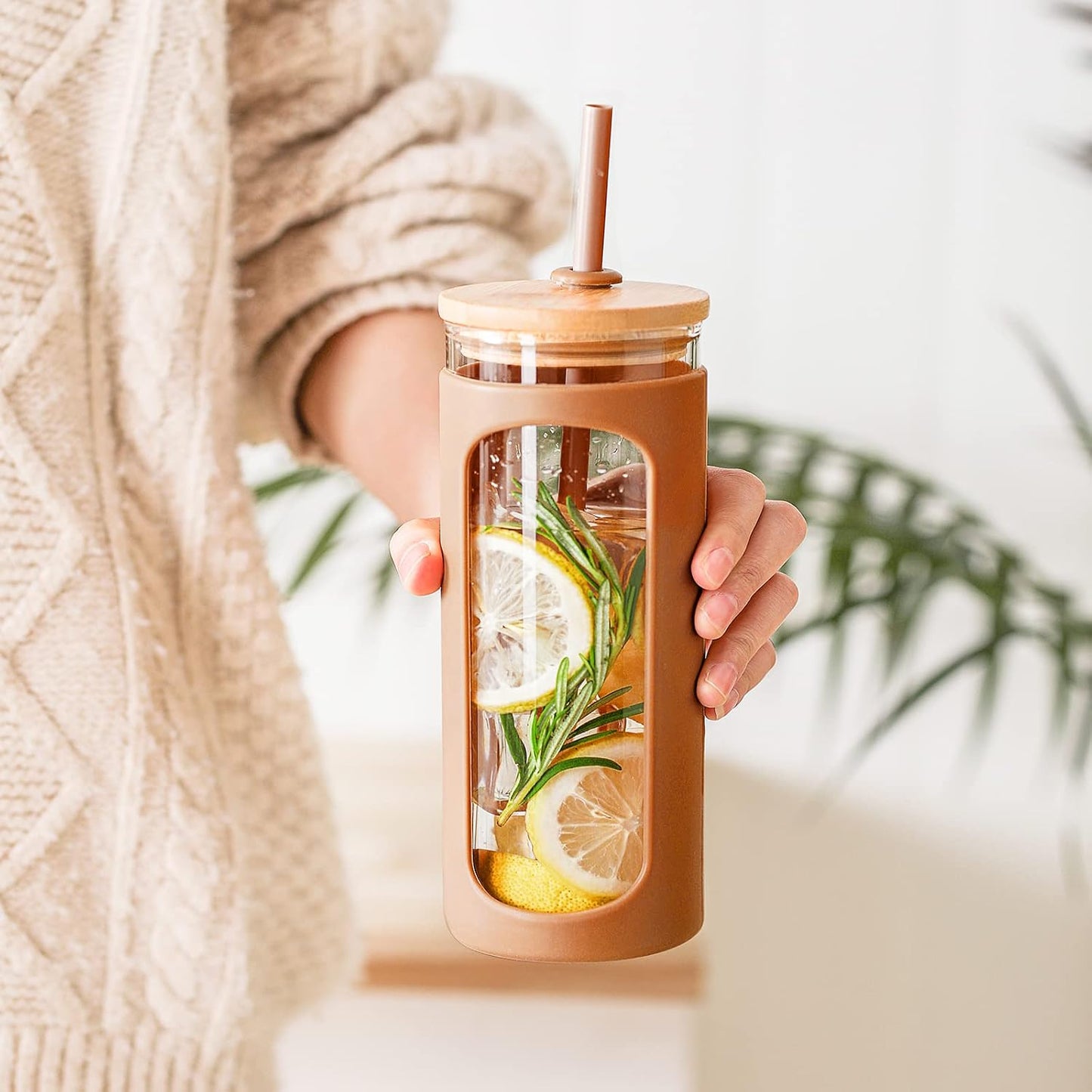 20oz Glass Tumbler with Straw and Lid, Iced Coffee Cups with Bamboo Lids, Glass Cups for Cold Drinks, Smoothie Cup with Silicone Sleeve for Travel, Work, BPA FREE-Olive - Colors B