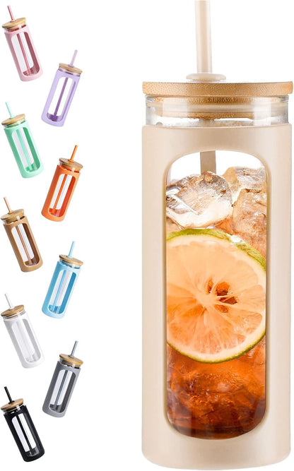 20oz Glass Tumbler with Straw and Lid, Iced Coffee Cups with Bamboo Lids, Glass Cups for Cold Drinks, Smoothie Cup with Silicone Sleeve for Travel, Work, BPA FREE-Olive - Colors B