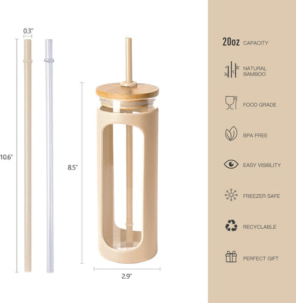 20oz Glass Tumbler with Straw and Lid, Iced Coffee Cups with Bamboo Lids, Glass Cups for Cold Drinks, Smoothie Cup with Silicone Sleeve for Travel, Work, BPA FREE-Olive - Colors B