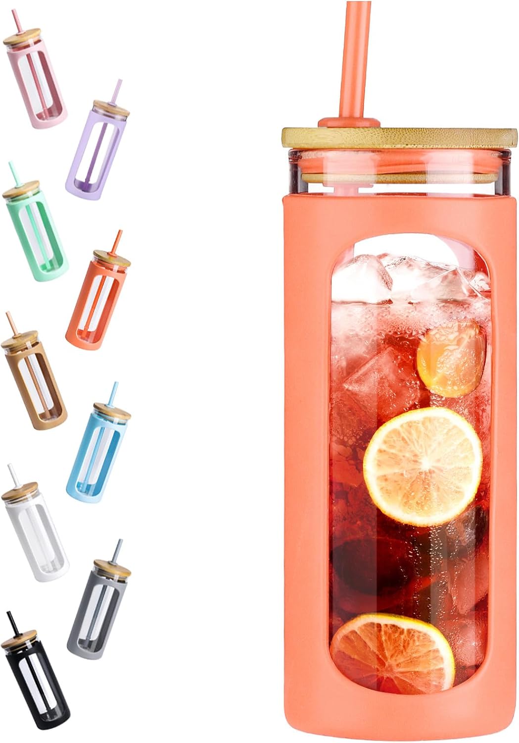 20oz Glass Tumbler with Straw and Lid, Iced Coffee Cups with Bamboo Lids, Glass Cups for Cold Drinks, Smoothie Cup with Silicone Sleeve for Travel, Work, BPA FREE-Olive - Colors B