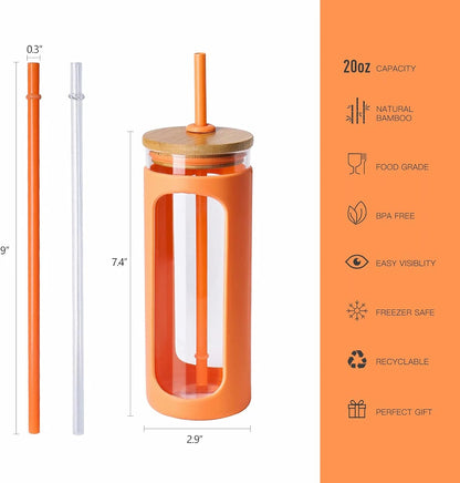 20oz Glass Tumbler with Straw and Lid, Iced Coffee Cups with Bamboo Lids, Glass Cups for Cold Drinks, Smoothie Cup with Silicone Sleeve for Travel, Work, BPA FREE-Olive - Colors B