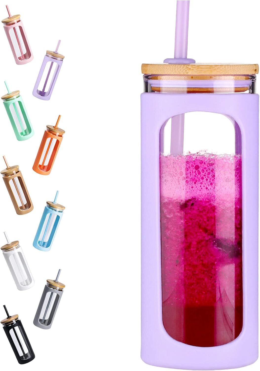 20oz Glass Tumbler with Straw and Lid, Iced Coffee Cups with Bamboo Lids, Glass Cups for Cold Drinks, Smoothie Cup with Silicone Sleeve for Travel, Work, BPA FREE-Olive - Colors B