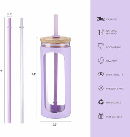 20oz Glass Tumbler with Straw and Lid, Iced Coffee Cups with Bamboo Lids, Glass Cups for Cold Drinks, Smoothie Cup with Silicone Sleeve for Travel, Work, BPA FREE-Olive - Colors B