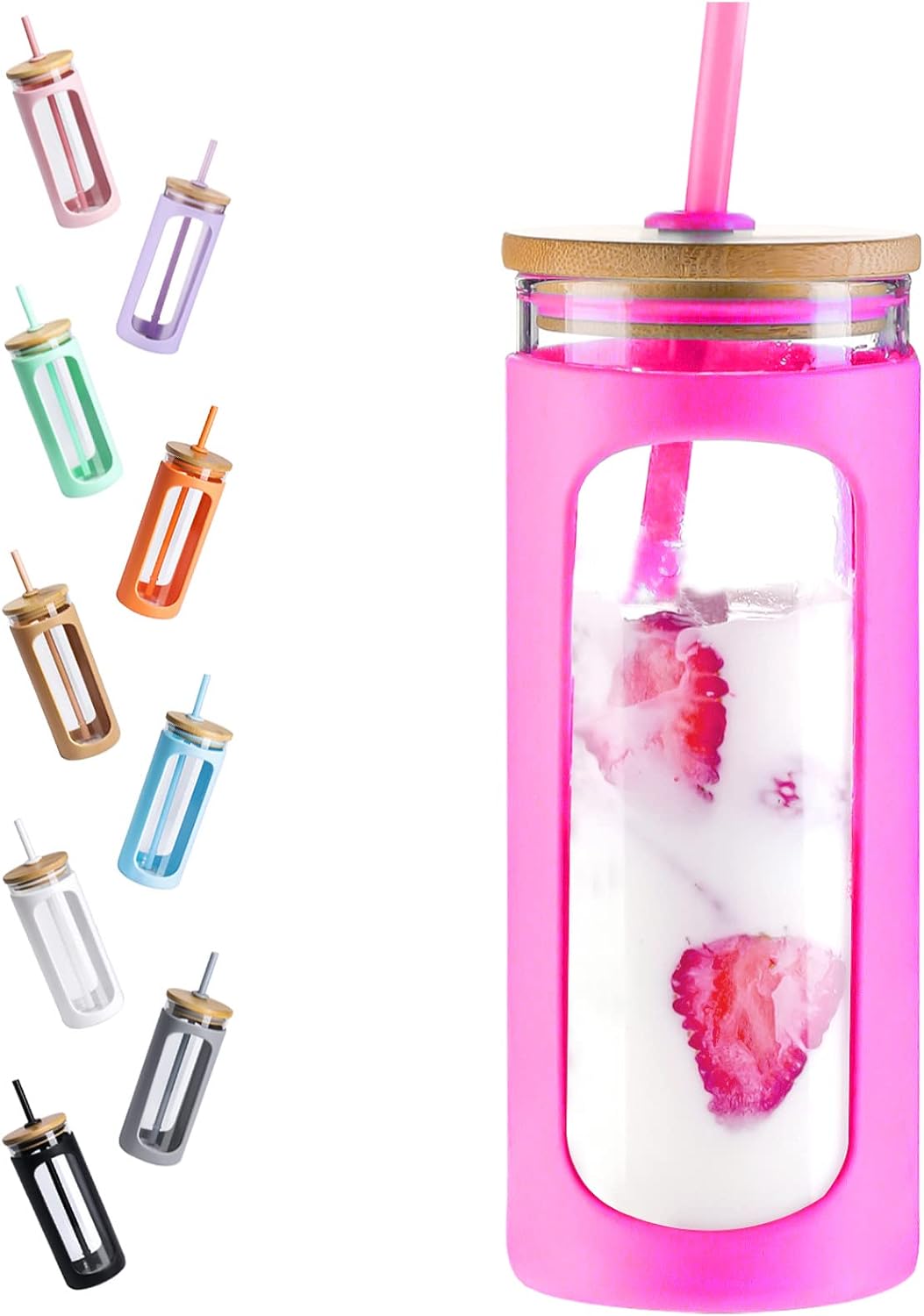 20oz Glass Tumbler with Straw and Lid, Iced Coffee Cups with Bamboo Lids, Glass Cups for Cold Drinks, Smoothie Cup with Silicone Sleeve for Travel, Work, BPA FREE-Olive - Colors B
