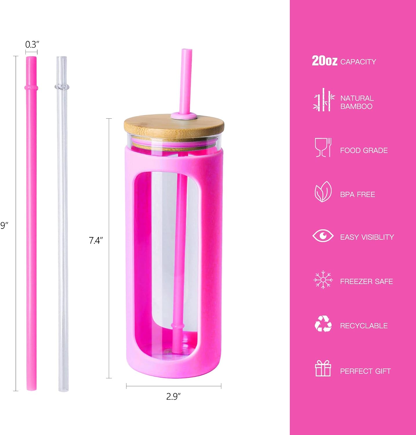 20oz Glass Tumbler with Straw and Lid, Iced Coffee Cups with Bamboo Lids, Glass Cups for Cold Drinks, Smoothie Cup with Silicone Sleeve for Travel, Work, BPA FREE-Olive - Colors B