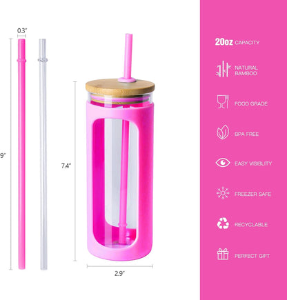 20oz Glass Tumbler with Straw and Lid, Iced Coffee Cups with Bamboo Lids, Glass Cups for Cold Drinks, Smoothie Cup with Silicone Sleeve for Travel, Work, BPA FREE-Olive - Colors B