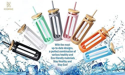 20oz Glass Tumbler with Straw and Lid, Iced Coffee Cups with Bamboo Lids, Glass Cups for Cold Drinks, Smoothie Cup with Silicone Sleeve for Travel, Work, BPA FREE-Olive - Colors B