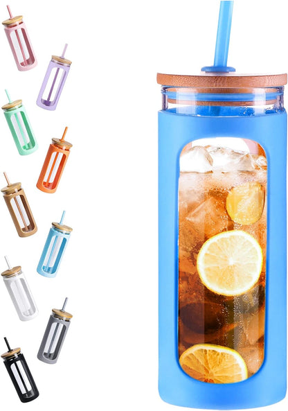 20oz Glass Tumbler with Straw and Lid, Iced Coffee Cups with Bamboo Lids, Glass Cups for Cold Drinks, Smoothie Cup with Silicone Sleeve for Travel, Work, BPA FREE-Olive - Colors B