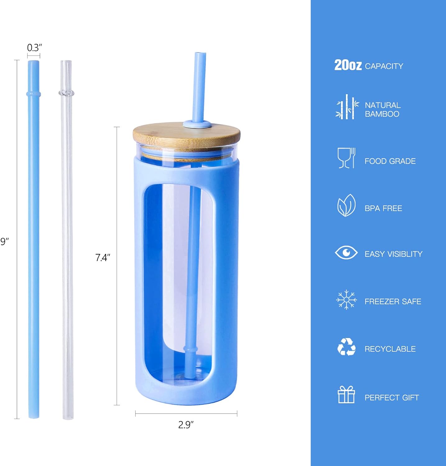 20oz Glass Tumbler with Straw and Lid, Iced Coffee Cups with Bamboo Lids, Glass Cups for Cold Drinks, Smoothie Cup with Silicone Sleeve for Travel, Work, BPA FREE-Olive - Colors B