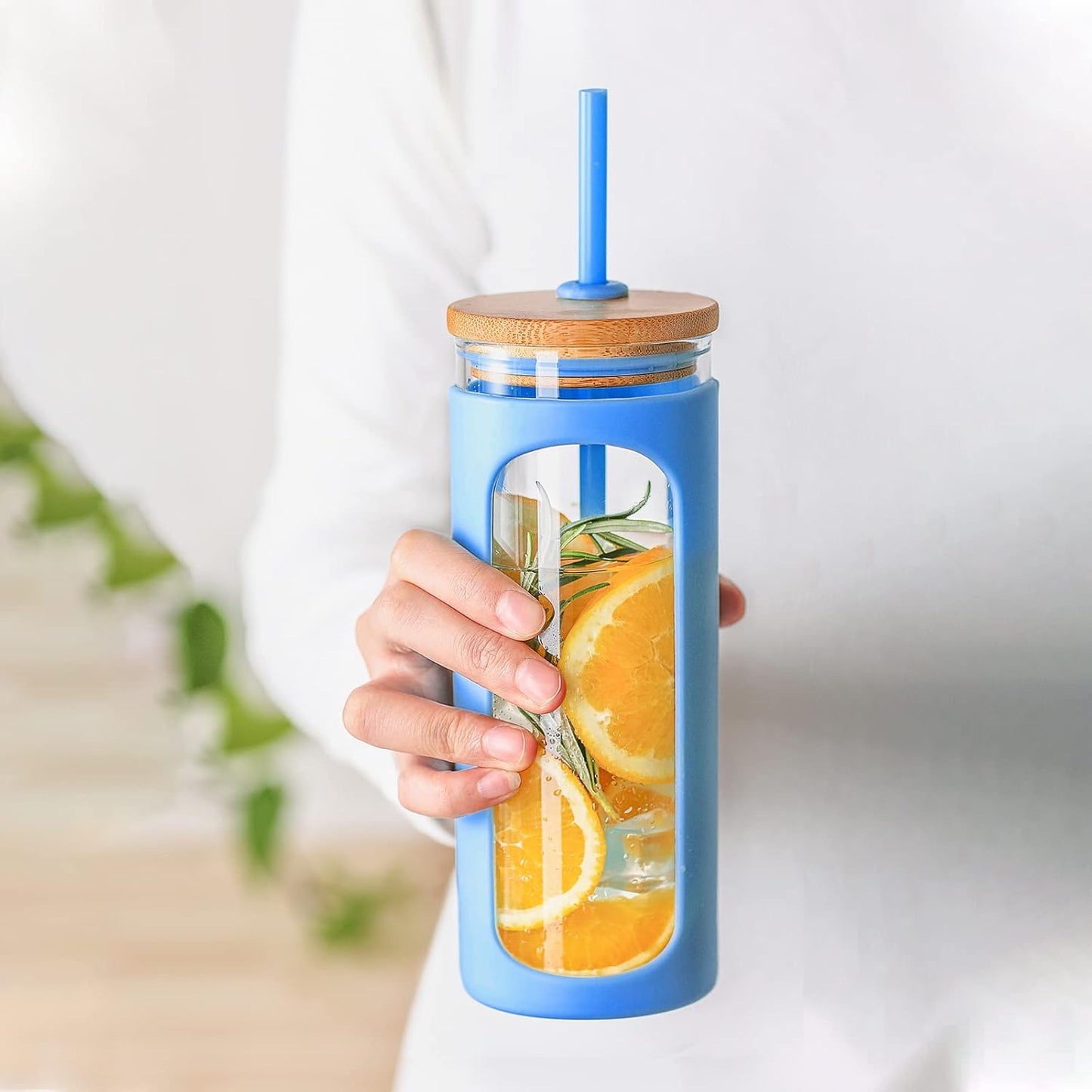 20oz Glass Tumbler with Straw and Lid, Iced Coffee Cups with Bamboo Lids, Glass Cups for Cold Drinks, Smoothie Cup with Silicone Sleeve for Travel, Work, BPA FREE-Olive - Colors B