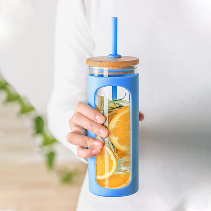20oz Glass Tumbler with Straw and Lid, Iced Coffee Cups with Bamboo Lids, Glass Cups for Cold Drinks, Smoothie Cup with Silicone Sleeve for Travel, Work, BPA FREE-Olive - Colors B