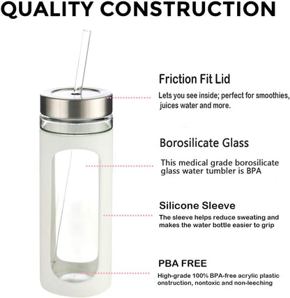 20oz Glass Tumbler with Straw and Lid, Iced Coffee Cups with Bamboo Lids, Glass Cups for Cold Drinks, Smoothie Cup with Silicone Sleeve for Travel, Work, BPA FREE-Olive - Colors B