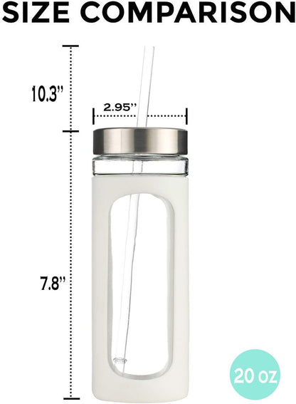 20oz Glass Tumbler with Straw and Lid, Iced Coffee Cups with Bamboo Lids, Glass Cups for Cold Drinks, Smoothie Cup with Silicone Sleeve for Travel, Work, BPA FREE-Olive - Colors B