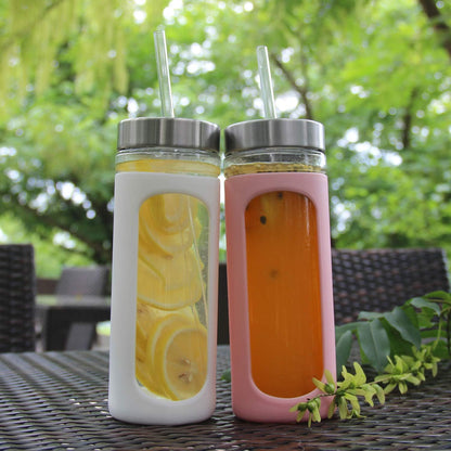 20oz Glass Tumbler with Straw and Lid, Iced Coffee Cups with Bamboo Lids, Glass Cups for Cold Drinks, Smoothie Cup with Silicone Sleeve for Travel, Work, BPA FREE-Olive - Colors B