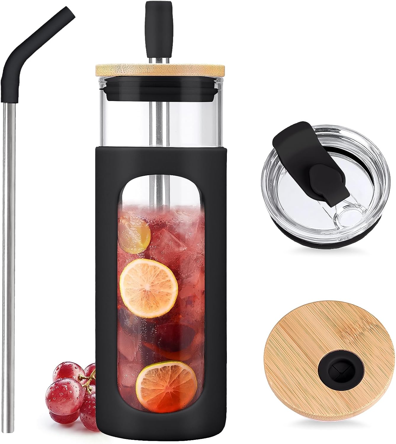 20oz Glass Tumbler with Straw and Lid, Iced Coffee Cups with Bamboo Lids, Glass Cups for Cold Drinks, Smoothie Cup with Silicone Sleeve for Travel, Work, BPA FREE-Olive - Colors B