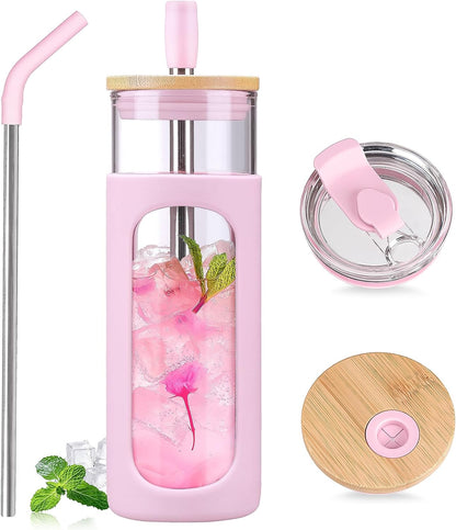 20oz Glass Tumbler with Straw and Lid, Iced Coffee Cups with Bamboo Lids, Glass Cups for Cold Drinks, Smoothie Cup with Silicone Sleeve for Travel, Work, BPA FREE-Olive - Colors B