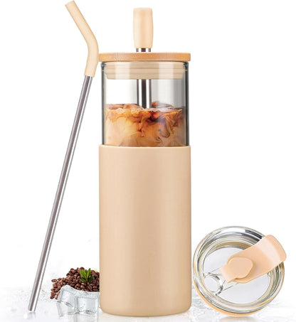 20oz Glass Tumbler with Straw and Lid, Iced Coffee Cups with Bamboo Lids, Glass Cups for Cold Drinks, Smoothie Cup with Silicone Sleeve for Travel, Work, BPA FREE-Olive - Colors B