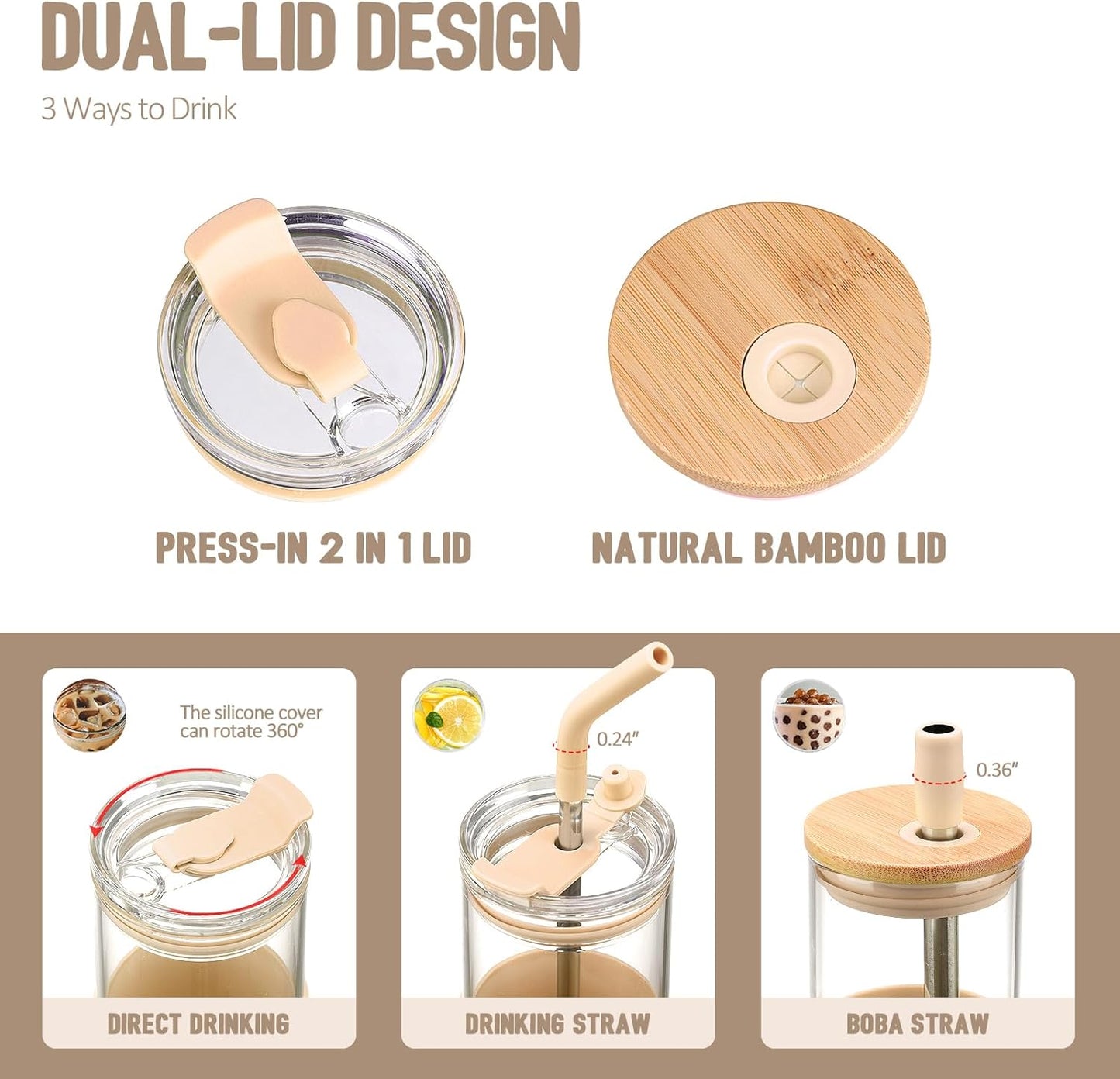 20oz Glass Tumbler with Straw and Lid, Iced Coffee Cups with Bamboo Lids, Glass Cups for Cold Drinks, Smoothie Cup with Silicone Sleeve for Travel, Work, BPA FREE-Olive - Colors B