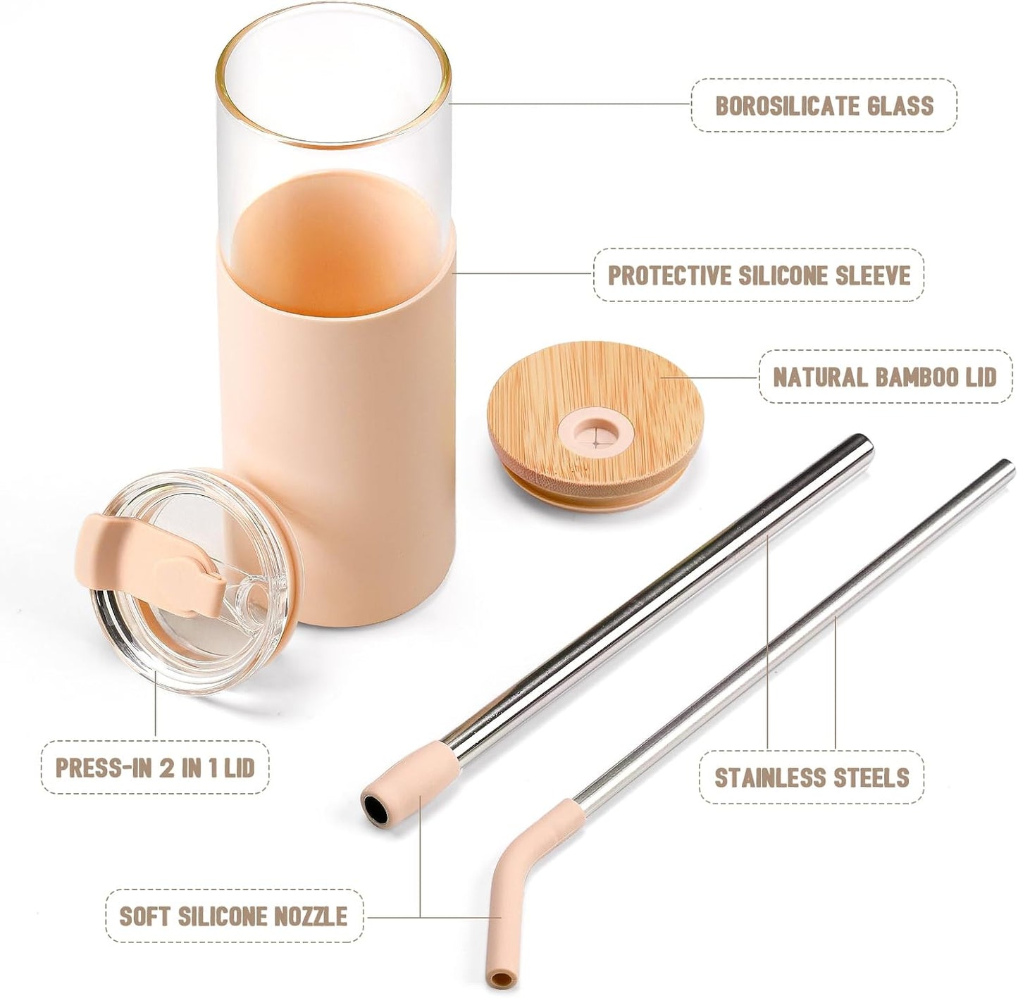 20oz Glass Tumbler with Straw and Lid, Iced Coffee Cups with Bamboo Lids, Glass Cups for Cold Drinks, Smoothie Cup with Silicone Sleeve for Travel, Work, BPA FREE-Olive - Colors B