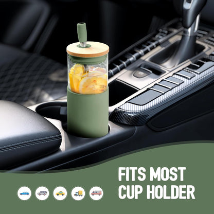 20oz Glass Tumbler with Straw and Lid, Iced Coffee Cups with Bamboo Lids, Glass Cups for Cold Drinks, Smoothie Cup with Silicone Sleeve for Travel, Work, BPA FREE-Olive - Colors B