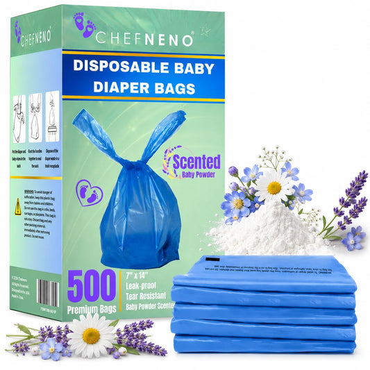 Baby Disposable Diaper Bags Fresh Baby Powder Scented Bulk Easy-Tie Diaper Sacks Nursery Trash Bags Dog Poop Bags Cat Litter Waste Bags Sanitary Pads Disposal Bags (500 Bags, Blue)
