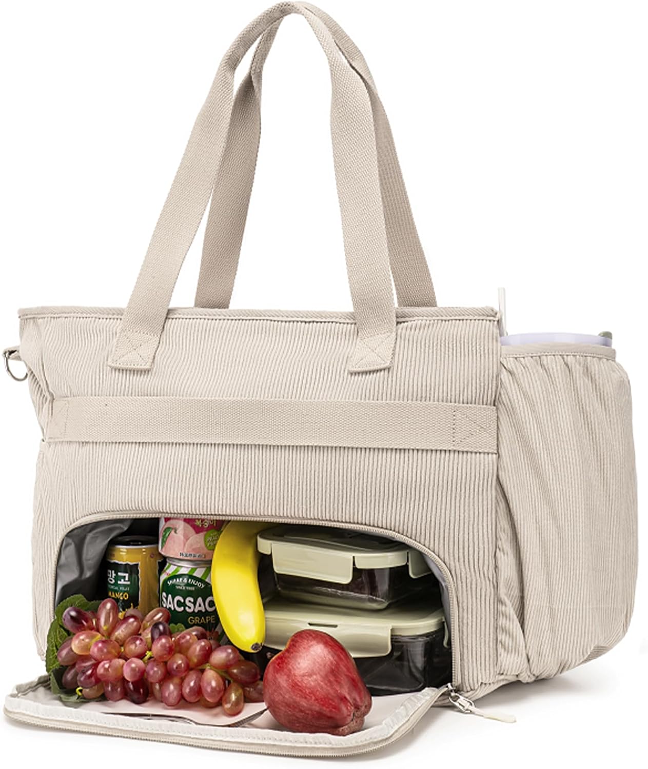 Corduroy Tote Bag for Women with Insulated Lunch Bag Compartment, 12 Pockets Large Work Bag, 15.6 inch Laptop Shoulder Bag